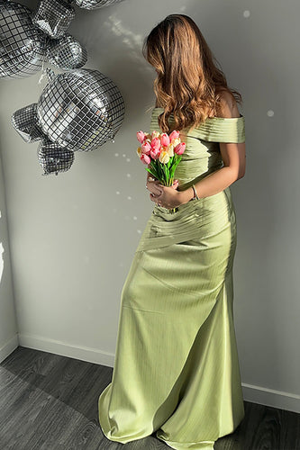 Green Off the Shoulder Ruched Sheath Long Formal Dress