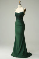 Load image into Gallery viewer, Dark Green Spaghetti Straps Mermaid Long Formal Dress with Appliques