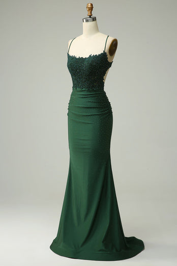 Dark Green Spaghetti Straps Mermaid Long Formal Dress with Appliques