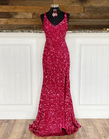 Load image into Gallery viewer, Sheath Spaghetti Straps Red Sequins Formal Dress with Split Front
