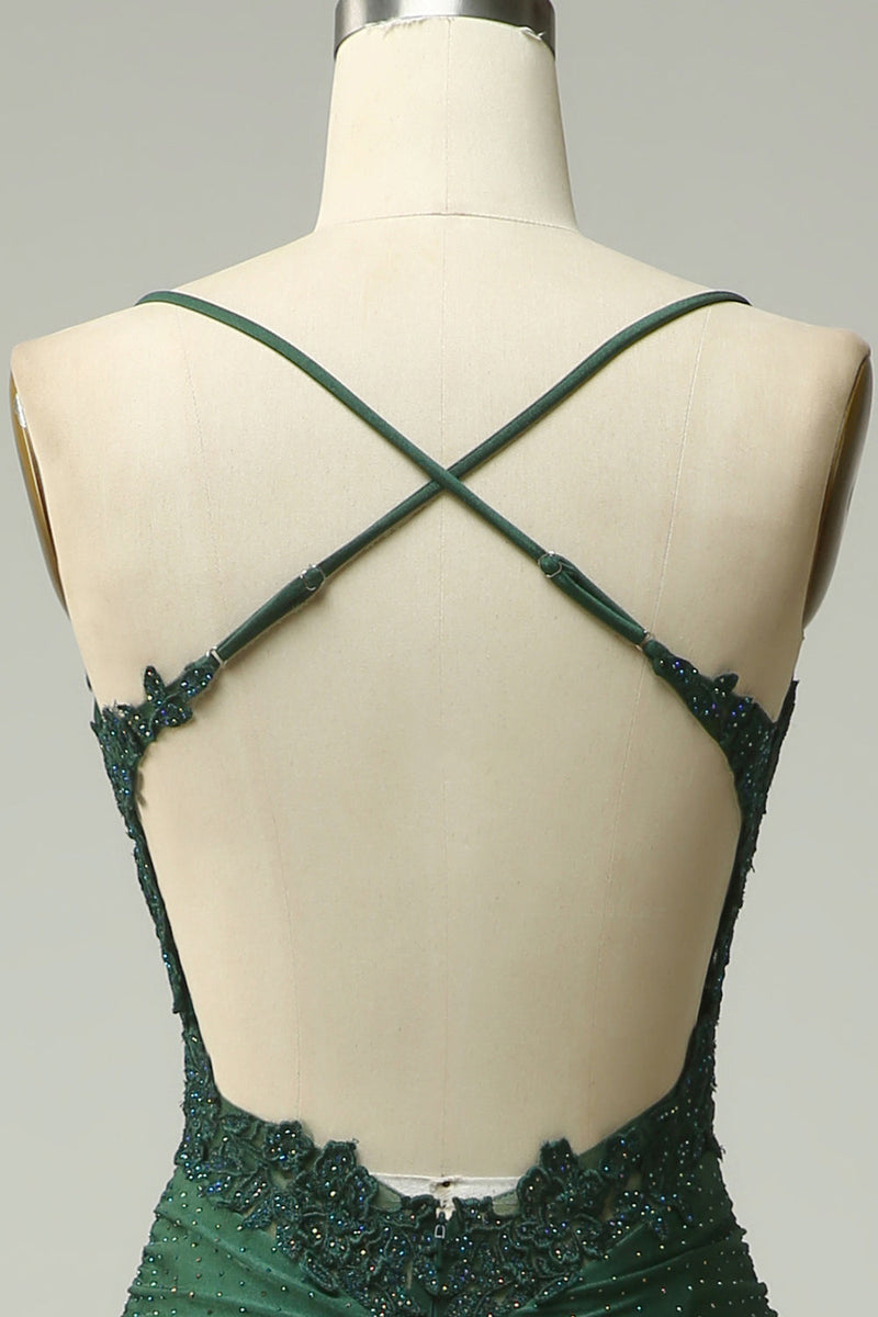 Load image into Gallery viewer, Dark Green Spaghetti Straps Mermaid Long Formal Dress with Appliques