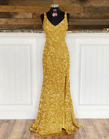 Load image into Gallery viewer, Sheath Spaghetti Straps Red Sequins Formal Dress with Split Front