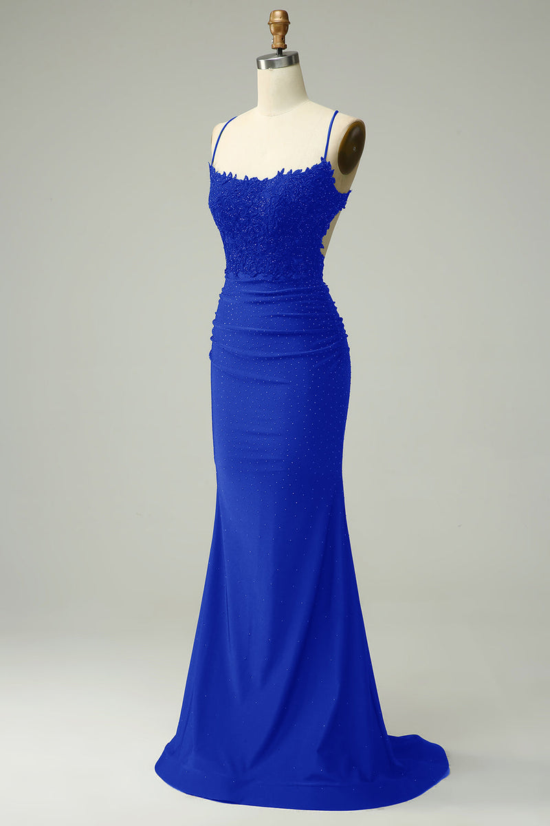 Load image into Gallery viewer, Dark Green Spaghetti Straps Mermaid Long Formal Dress with Appliques