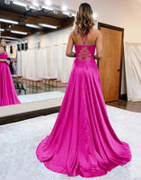 Load image into Gallery viewer, Red Satin A-Line Appliques Formal Dress with Slit