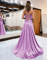 Load image into Gallery viewer, Dark Green Satin A-Line Appliques Formal Dress with Slit