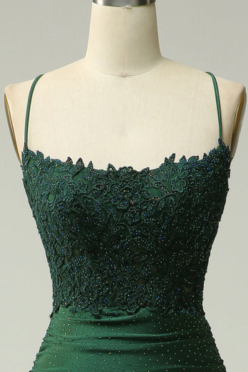 Dark Green Spaghetti Straps Mermaid Long Formal Dress with Appliques