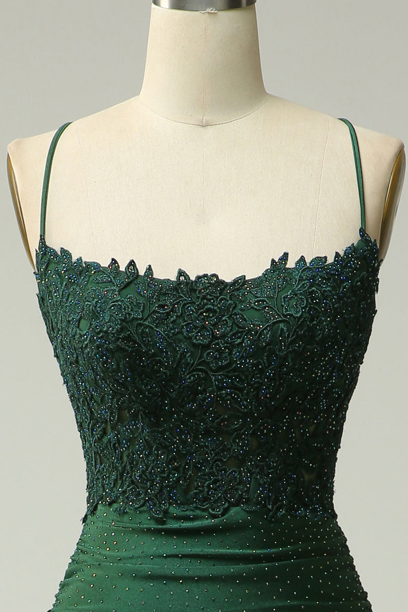 Load image into Gallery viewer, Dark Green Spaghetti Straps Mermaid Long Formal Dress with Appliques