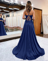 Load image into Gallery viewer, Dark Green Satin A-Line Appliques Formal Dress with Slit