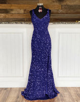 Load image into Gallery viewer, Sheath Spaghetti Straps Red Sequins Formal Dress with Split Front