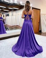 Load image into Gallery viewer, Dark Green Satin A-Line Appliques Formal Dress with Slit