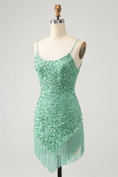 Load image into Gallery viewer, Sparkly Sage Sequins Spaghetti Straps Short Formal Dress with Tassels