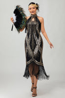 Load image into Gallery viewer, Sparkly Black Golden Halter Sequins Flapper Dress with Fringes