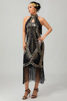 Load image into Gallery viewer, Sparkly Black Golden Halter Sequins Flapper Dress with Fringes