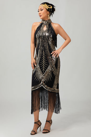 Sparkly Black Golden Halter Sequins Flapper Dress with Fringes