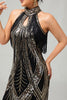 Load image into Gallery viewer, Sparkly Black Golden Halter Sequins Flapper Dress with Fringes