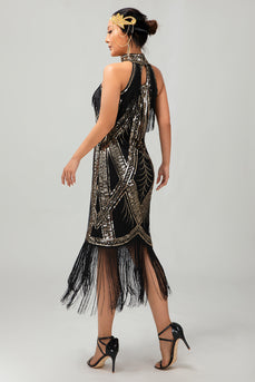 Sparkly Black Golden Halter Sequins Flapper Dress with Fringes