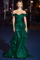 Load image into Gallery viewer, Dark Green Off the Shoulder Mermaid Long Formal Dress with Ruffles