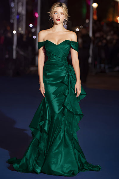 Dark Green Off the Shoulder Mermaid Long Formal Dress with Ruffles
