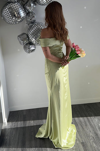Green Off the Shoulder Ruched Sheath Long Formal Dress