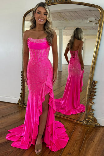 Sparkly Fuchsia Beaded Long Corset Formal Dress with Slit