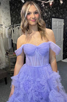 Load image into Gallery viewer, Lilac Tiered Corset Off the Shoulder Long Formal Dress