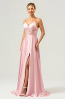 Load image into Gallery viewer, Pink A-Line Spaghetti Straps Satin Corset Long Bridesmaid Dress with Slit