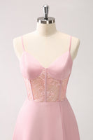 Load image into Gallery viewer, Satin Green A-Line Corset Long Bridesmaid Dress with Slit