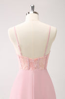 Load image into Gallery viewer, Green Spaghetti Straps A-Line Satin Long Corset Bridesmaid Dress with Slit