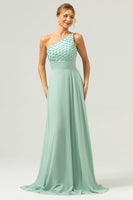 Load image into Gallery viewer, Sparkly Green A-Line One Shoulder Chiffon Long Bridesmaid Dress