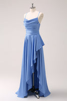 Load image into Gallery viewer, Blue Cowl Neck Satin Asymmetrical Long Bridesmaid Dress with Slit