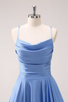 Load image into Gallery viewer, Blue Cowl Neck Satin Asymmetrical Long Bridesmaid Dress with Slit