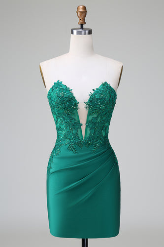Glitter Dark Green Tight Beaded Short Formal Dress with Appliques