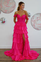 Load image into Gallery viewer, Sparkly Royal Blue Off The Shoulder Corset Tiered Long Formal Dress with Slit