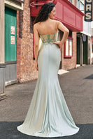 Load image into Gallery viewer, Sparkly Sage Mermaid Corset Satin Long Formal Dress with Slit