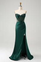 Load image into Gallery viewer, Dark Green Satin Mermaid Sweetheart Corset Long Prom Dress with Slit