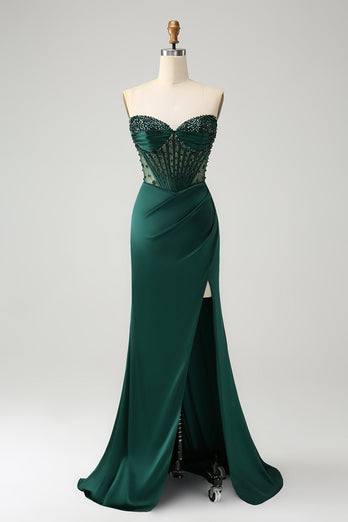 Dark Green Satin Mermaid Sweetheart Corset Long Prom Dress with Slit