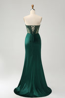 Load image into Gallery viewer, Dark Green Satin Mermaid Sweetheart Corset Long Prom Dress with Slit
