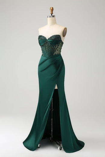 Dark Green Satin Mermaid Sweetheart Corset Long Prom Dress with Slit