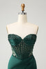 Load image into Gallery viewer, Dark Green Satin Mermaid Sweetheart Corset Long Prom Dress with Slit