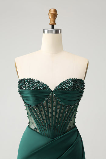 Dark Green Satin Mermaid Sweetheart Corset Long Prom Dress with Slit