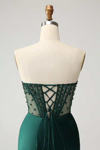 Dark Green Satin Mermaid Sweetheart Corset Long Prom Dress with Slit
