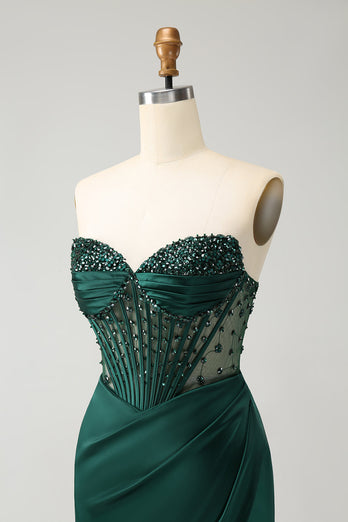 Dark Green Satin Mermaid Sweetheart Corset Long Prom Dress with Slit