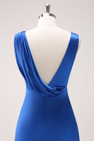 Load image into Gallery viewer, Ink Blue V-Neck Long Satin Bridesmaid Dress with Slit