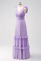 Load image into Gallery viewer, Lilac Chiffon A-Line Ruched Long Bridesmaid Dress with Ruffles