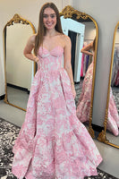 Load image into Gallery viewer, Pink Floral Corset Sweetheart Appliqued Long Formal Dress