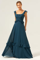 Load image into Gallery viewer, A-Line Dark Peacock Green Scoop Neck Chiffon Long Bridesmaid Dress