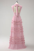Load image into Gallery viewer, Blush Ruffled Chiffon A-Line Long Bridesmaid Dress with Open Back