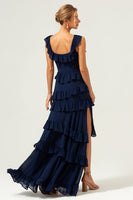 Load image into Gallery viewer, A-Line Square Neck Tiered Chiffon Long Dark Navy Long Bridesmaid Dress