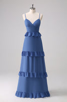 Load image into Gallery viewer, Dark Blue Spaghetti Straps Tiered A-Line Long Bridesmaid Dress