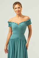 Load image into Gallery viewer, A-Line Off The Shoulder Pleated Chiffon Green Long Bridesmaid Dress